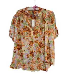 By Anthropologie The Estela Short Sleeve Floral Printed Blouse Yellow sz M NWT